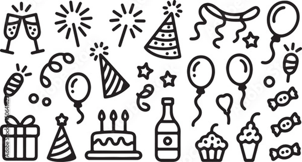Fototapeta Birthday doodle icon element. Hand drawn sketch doodle birthday cake, balloon, event decoration element. Party, carnival celebration concept background. Vector illustration