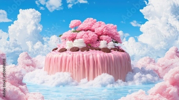 Obraz A whimsical surreal scene featuring a floating island made of delectable desserts including chocolate meringue and creamy pastries set against a dreamy cloud filled sky