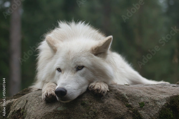 Obraz a white wolf laying on a rock in the woods