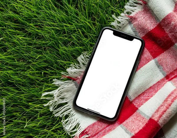 Fototapeta smartphone with blank white screen lies on checkered blanket laid on green grass