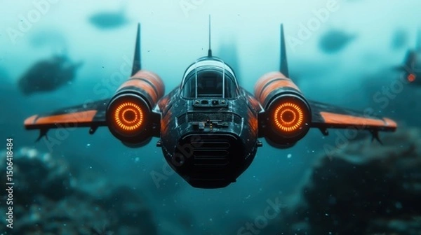 Obraz An innovative futuristic sub aquatic aircraft equipped with advanced glowing propulsion systems designed for deep sea and travel