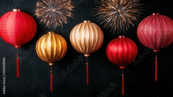 Obraz Bursts of colorful fireworks and a display of decorative lanterns fill the dark night sky creating a mesmerizing and scene of a joyous