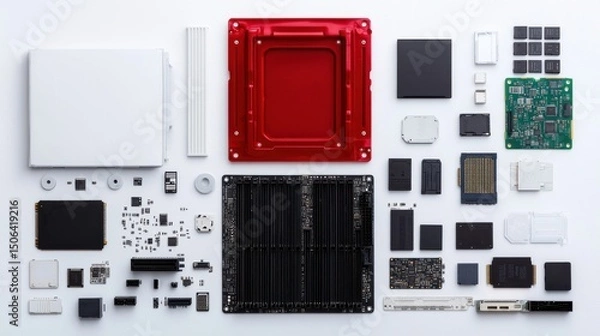 Obraz Close up view of a disassembled desktop computer revealing its internal motherboard and various electronic components and circuits