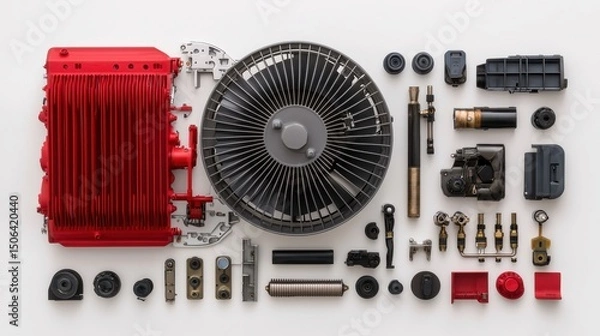Fototapeta Detailed exploded view showcasing the intricate components and mechanisms that make up an electric fan including its blades gears and various parts