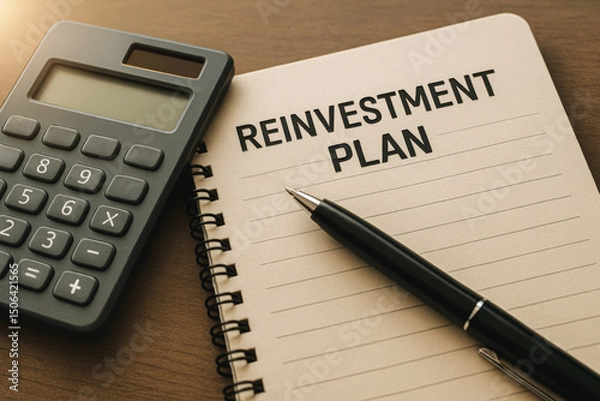 Fototapeta Reinvest plan concept with calculator pen and notebook on desk for financial planning idea