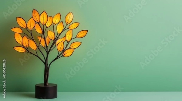 Fototapeta lamp designed with a stylized tree shape and vibrant glowing leaf shaped light elements creating a warm and cozy ambiance
