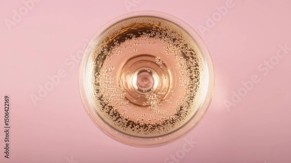 Fototapeta Rose sparkling wine glass with elegant bubbles, soft shadows on pink background - celebration and luxury in a delicate moment
