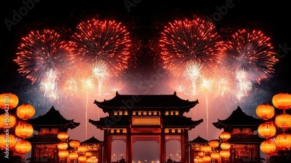Obraz Spectacular Chinese New Year with a magnificent fireworks display lighting up the night sky over traditional Chinese architecture and lanterns