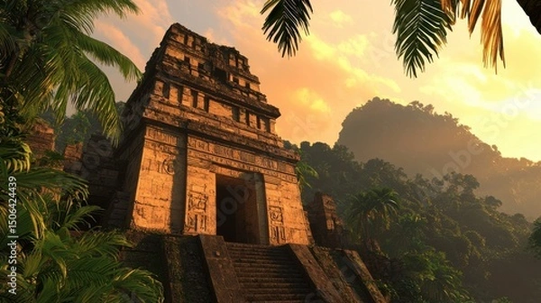 Obraz Towering stone temple ruins surrounded by verdant palm trees and dense vegetation set against a dramatic cloudy sky during a vibrant sunset