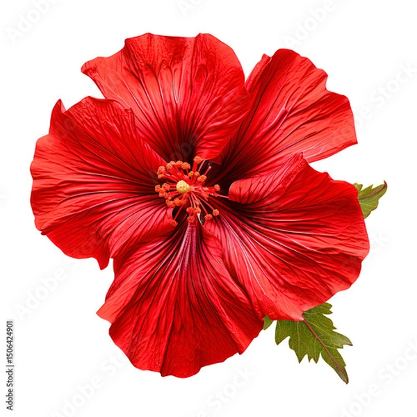 Obraz red hibiscus flower with leaf isolated on transparent white background png, clipping path