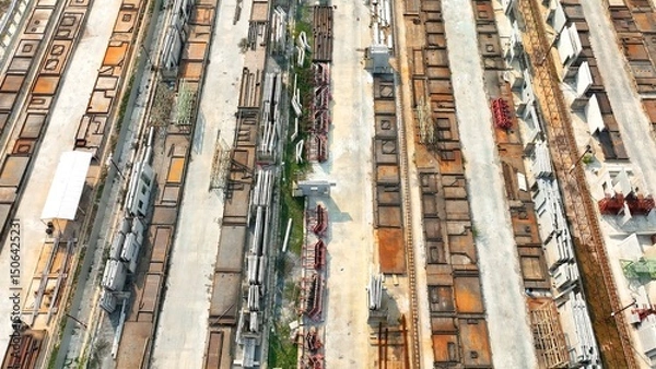 Obraz An aerial view of the precast factory, showing organized lines of industrial molds, along with weathered equipment, signifying heavy-duty production in action.
