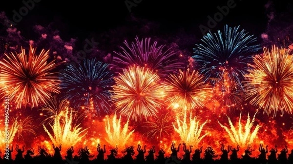 Obraz Vibrant and colorful fireworks light up the night sky during a lively Chinese New Year