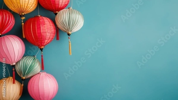 Fototapeta Vibrant and festive Chinese New Year with a display of colorful paper lanterns creating a joyous and auspicious atmosphere