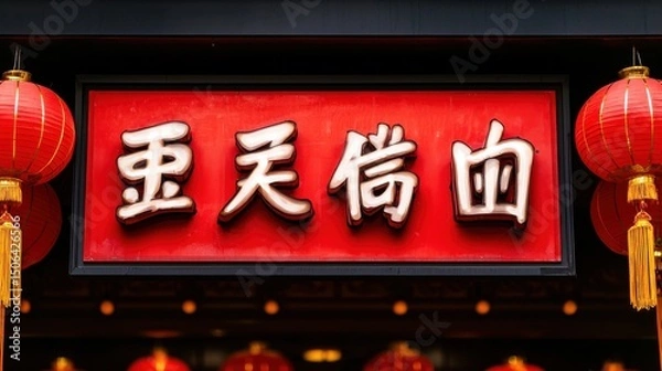 Fototapeta Vivid and festive Chinese New Year featuring a dazzling display of glowing red lanterns against a dark background creating an atmospheric and auspicious atmosphere