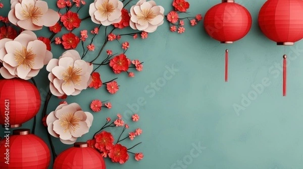 Obraz Vibrant red lanterns and delicate floral blooms create a captivating display for Chinese New Year festivities