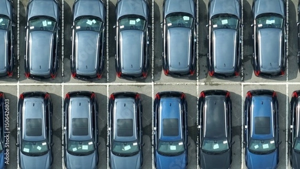 Obraz This close-up view captures the meticulous arrangement of cars, illustrating the efficiency of vehicle storage and handling at a distribution center, ensuring easy access and organization.
