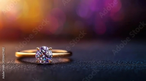 Fototapeta Abstract macro of a diamond wedding ring with reflections and bokeh, luxury romance concept