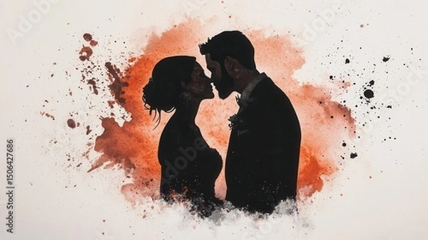Fototapeta Abstract watercolor painting of a romantic wedding kiss, artistic fusion of color and emotion