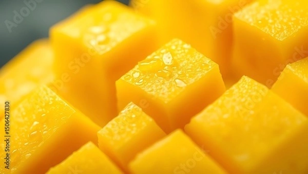 Fototapeta Close Up of Diced Mango with Water Droplets a Vibrant and Refreshing Tropical Fruit Ideal for Summer Recipes and Healthy Eating Concepts
