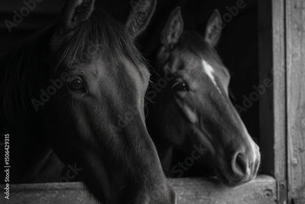Fototapeta two horses looking out of a stable window