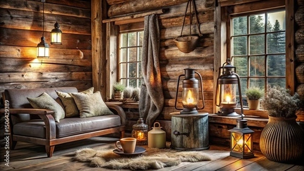 Fototapeta Cozy Rustic Cabin Interior with Warm Lighting and Wooden Accents