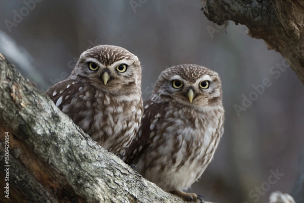 Fototapeta two owls are sitting on a tree branch