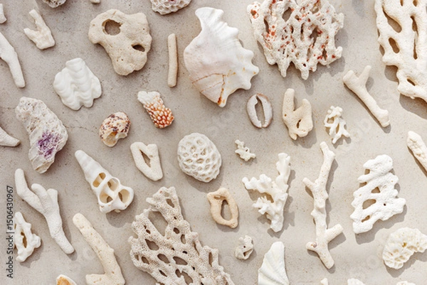 Obraz Sea shells, corals, sea stones with sun shadow at sunlight, nature photo of different white shell and coral pieces scattered on light beige concrete, minimal monochrome pattern, neutral pastel tones