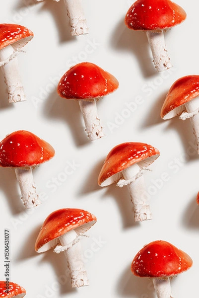 Obraz Minimal aesthetic pattern with fly agaric mushrooms, natural beauty of inedible toxic and hallucinogenic mushroom with bright red caps and white stems names Amanita muscaria, creative photo