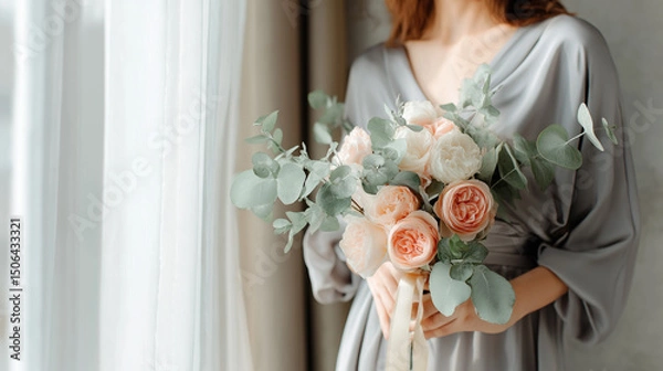 Obraz Close-up of a woman holding a beautiful bouquet of soft pink roses and eucalyptus leaves, with sunlight streaming through a window.
