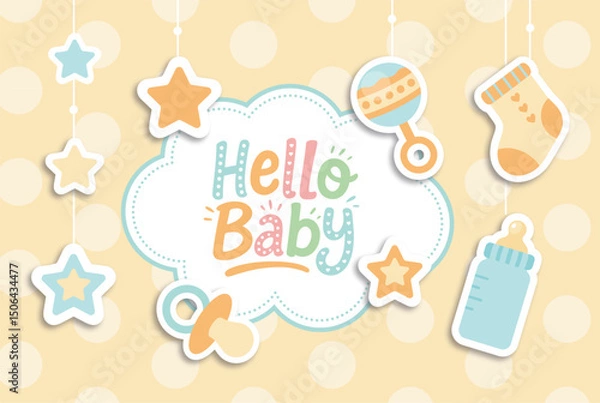 Fototapeta Cute baby shower illustration with pacifier milk bottle rattle and socks on pastel background