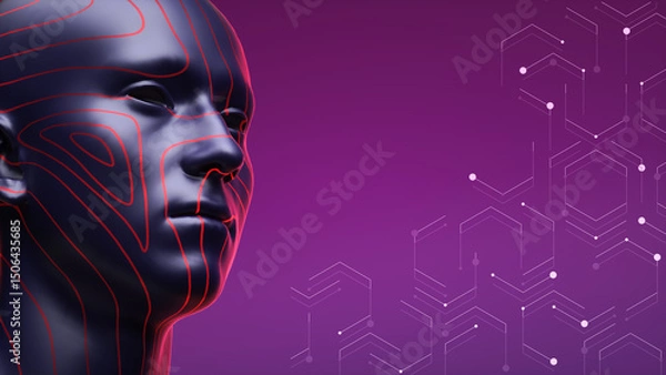 Obraz 3D rendered digital human head for artificial intelligence, metacosmos and facial recognition technology on a purple background
