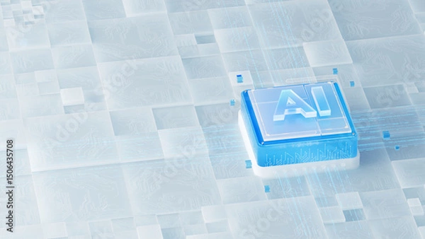 Obraz Futuristic Blue AI Cube Standing Out on a Mosaic of Translucent Tech - Inspired Tiles, Suitable for AI-related tech publicity scenarios
