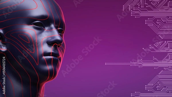 Obraz 3D rendered digital human head for artificial intelligence, metacosmos and facial recognition technology on a purple background