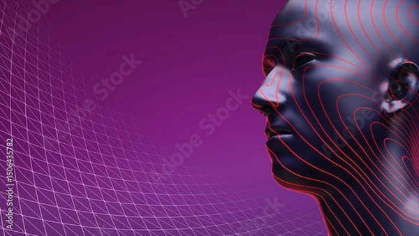 Obraz Futuristic style human headshot applicable to artificial intelligence and metaverse rendered in dark tones and bright red overlay lines on a purple and geometric background