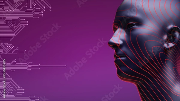 Obraz A Futuristic Profile of a Human - like Figure with Circuit - inspired Red Lines against a Purple Backdrop, Can be used for AI-related promotional productions