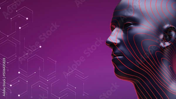 Obraz Futuristic Silhouette of a Head with Intricate Red Line Patterns against a Purple - Tech Background, Can be used for AI-related promotional productions