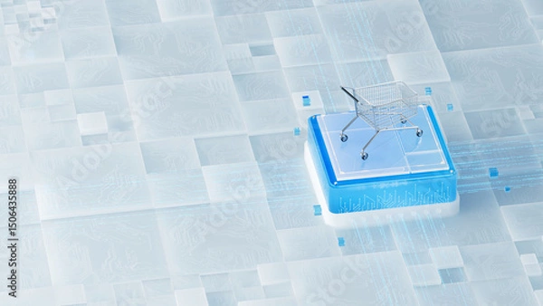 Obraz A Miniature Shopping Cart Resting on a Futuristic, Tech - Inspired Cubic Platform