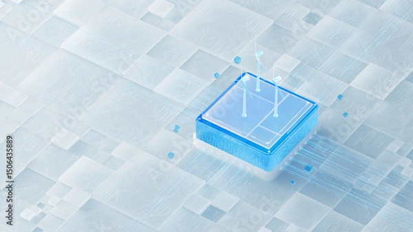 Obraz A miniature wind turbine countered on a futuristic blue-tinted chip and circuit background, suitable for green energy and AI chip scenarios