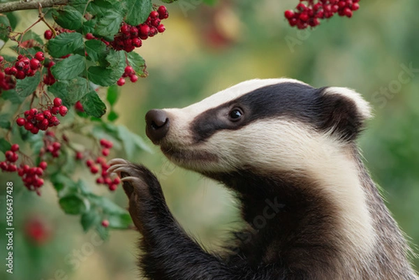 Fototapeta a badger cub reaching for berries on a tree