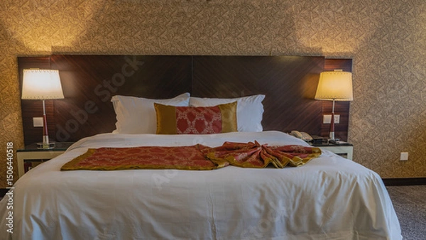 Fototapeta The double bed is covered with white sheets. The red bedspread is neatly and beautifully laid. Pillows at the headboard. The bedside lamps are lit. Golden beige patterned wallpaper on the wall.  