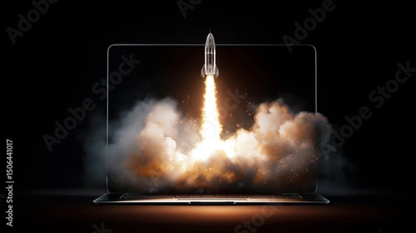 Fototapeta Rocket launching out of laptop with smoke and fire, symbolizing innovation and tech startup growth.
