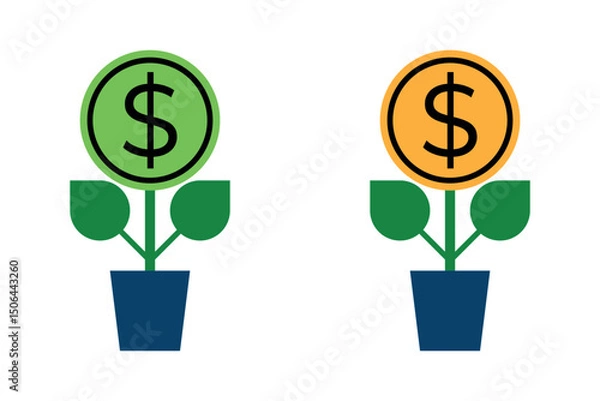 Fototapeta Flat dollar coin flower with leaves and pots, Green and yellow color illustration. Simple illustration vector design.