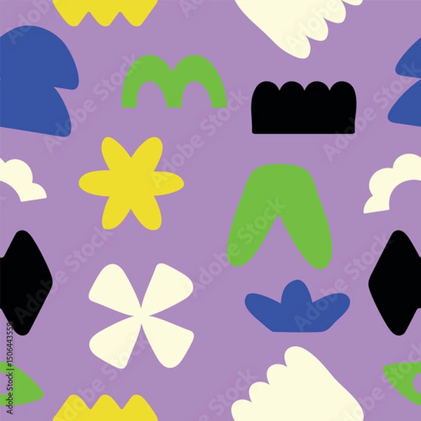 Fototapeta Seamless abstract simple colorful organic shapes pattern.  Flat illustration pattern vector design. Purple, white, green, black, and yellow.