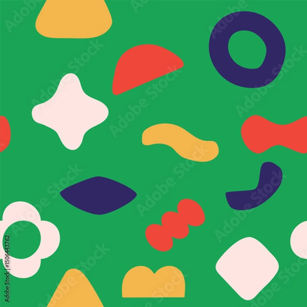 Fototapeta Seamless abstract simple colorful organic shapes pattern.  Flat illustration pattern vector design. Green, blue, red, and white.
