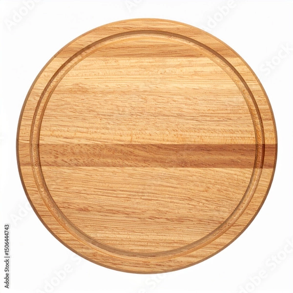 Fototapeta A round wooden cutting board on a white background, ready for food preparation or serving. The board has a recessed channel around the edge.