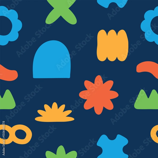 Fototapeta Seamless abstract simple colorful organic shapes pattern.  Flat illustration pattern vector design. Blue, yellow, orange, and green.