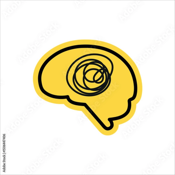 Fototapeta Simple Brain and tangled threads illustration sticker or patch. Black outline with yellow color.