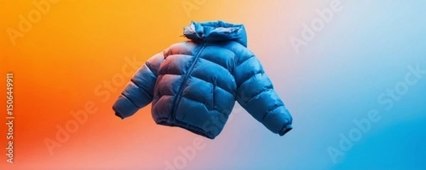 Fototapeta Blue quilted puffer jacket floating against vibrant orange and blue gradient background, creating a peaceful and serene atmosphere.