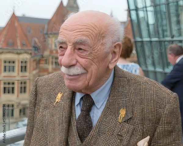 Fototapeta Elderly man with white mustache wearing a checkered blazer and gold lapel pins standing outdoors in front of historic brick buildings and modern glass structures