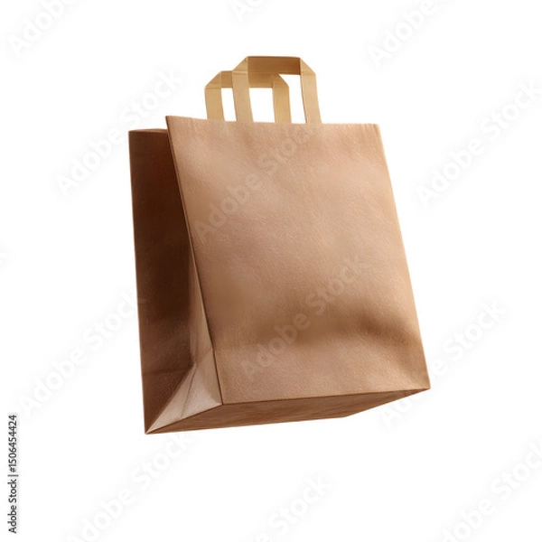 Fototapeta A simple recyclable kraft paper bag mockup suspended in mid air against a plain white background showcasing its natural minimalist design and texture